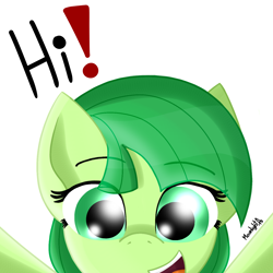 Size: 1400x1400 | Tagged: safe, artist:moonlightatlm, imported from derpibooru, oc, oc only, oc:midori melon, pony, cute, exclamation point, female, open mouth, simple background, solo, white background