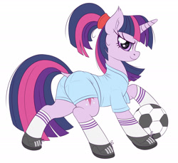 Size: 2400x2200 | Tagged: safe, artist:anonymous, imported from derpibooru, twilight sparkle, pony, unicorn, alternate hairstyle, ball, butt, clothes, female, football, mare, plot, ponytail, shoes, simple background, solo, sports, unicorn twilight, white background
