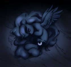 Size: 4096x3851 | Tagged: safe, artist:cherrnichka, imported from derpibooru, princess luna, alicorn, pony, curled up, female, fetal position, high res, mare, profile, sad, solo, spread wings, wings