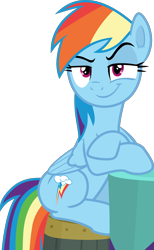 Size: 2000x3240 | Tagged: safe, artist:frownfactory, imported from derpibooru, rainbow dash, pegasus, pony, a trivial pursuit, crossed arms, female, grin, mare, raised eyebrow, simple background, sitting, smiling, smug, solo, transparent background, vector