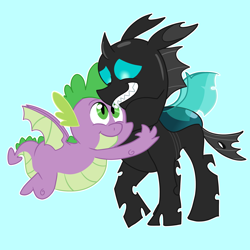 Size: 3000x3000 | Tagged: safe, artist:wulfums, imported from derpibooru, spike, thorax, changeling, dragon, best friends, commission, fat, fat spike, flying, friends, happy, hug, male, smiling, winged spike, wings