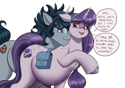 Size: 2995x2124 | Tagged: safe, artist:sallylla, imported from derpibooru, oc, oc only, oc:mallow mist, oc:mighty spruce, pony, unicorn, bag, bangs, belly, big belly, blaze (coat marking), blushing, butt freckles, cheek rub, cheek squish, coat markings, couple, cuddling, dialogue, duo, eyebrows, facial markings, female, floppy ears, freckles, g5, hairband, hooves, implied alphabittle blossomforth, looking at each other, looking at someone, male, mare, mother, my little pony: a new generation, neck hug, neck nuzzle, nuzzling, open mouth, open smile, pregnant, raised hoof, saddle bag, shipping, simple background, smiling, snuggling, speech bubble, squishy cheeks, stallion, standing, straight, tail, teeth, text, touching face, unshorn fetlocks, white background