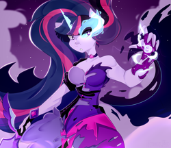 Size: 2993x2586 | Tagged: safe, artist:kisselmr, imported from derpibooru, twilight sparkle, alicorn, anthro, equestria girls, friendship games, ambiguous facial structure, bare shoulders, duality, energy, female, magic, midnight sparkle, purple, purple background, sleeveless, solo, strapless, sword, transformation, weapon