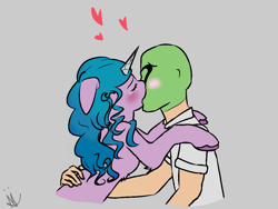 Size: 1024x768 | Tagged: safe, artist:neonnaisedraws, imported from derpibooru, izzy moonbow, oc, oc:anon, human, pony, unicorn, blushing, cute, duo, female, first kiss, g5, gray background, heart, kiss on the lips, kissing, male, mare, my little pony: a new generation, romance, simple background, straight, wholesome