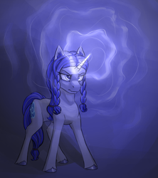 Size: 3200x3600 | Tagged: safe, artist:stardustspix, imported from derpibooru, oc, oc:coral eve, pony, unicorn, fallout equestria, fallout equestria: murky number seven, angry, ear fluff, fanfic art, glowing, glowing eyes, glowing horn, horn, magic, magic aura, solo, unshorn fetlocks