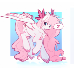 Size: 2067x1912 | Tagged: safe, artist:teapup, imported from derpibooru, oc, oc only, oc:teddy bear, pegasus, pony, :p, bow, chest fluff, emoticon, pink, solo, tongue out