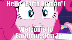 Size: 960x539 | Tagged: safe, edit, edited screencap, editor:undeadponysoldier, imported from ponybooru, screencap, pinkie pie, equestria girls, breaking the fourth wall, caption, close-up, earth, earthquestria, extreme close up, female, greeting, happy, image macro, implied human, looking at you, meme, open mouth, pinkie being pinkie, smiling, talking to viewer, text