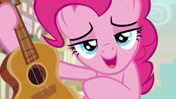 Size: 1280x720 | Tagged: safe, imported from derpibooru, screencap, earth pony, pony, honest apple, season 7, close-up, female, guitar, implied rarity, looking at you, mare, musical instrument, solo