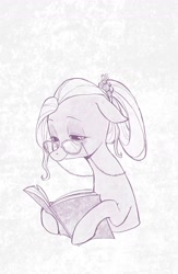 Size: 938x1437 | Tagged: safe, artist:ahchun, imported from derpibooru, fluttershy, pony, alternate mane style, book, female, gilf, glasses, mare, monochrome, older, older fluttershy, reading, simple background, smiling, solo