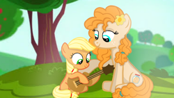 Size: 1280x720 | Tagged: safe, artist:mlplary6, imported from derpibooru, applejack, pear butter, earth pony, pony, cute, female, filly, filly applejack, foal, guitar, jackabetes, mare, musical instrument, pearabetes, smiling, younger