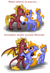 Size: 794x1150 | Tagged: safe, artist:pingwinowa, imported from derpibooru, oc, oc only, oc:prince baltic, oc:princess pomerania, earth pony, pegasus, pony, angry, bat wings, colored wings, leonine tail, poland, polish, simple background, tail, translated in the comments, transparent background, two toned wings, wings