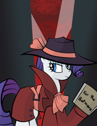 Size: 2550x3300 | Tagged: safe, artist:vareb, imported from derpibooru, rarity, pony, unicorn, rarity investigates, batman, batman the animated series, batmare, city, clothes, coat, crossover, dark, detective rarity, female, hat, mare, solo, spotlight, the batman, the batman (2022)