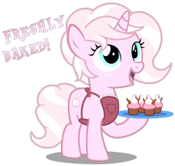 Size: 3260x3090 | Tagged: safe, artist:strategypony, imported from derpibooru, oc, oc only, oc:marshmallow fluff, pony, unicorn, apron, clothes, cupcake, cute, dialogue, female, filly, foal, food, horn, looking up, ocbetes, serving tray, simple background, text, transparent background, unicorn cupcake, unicorn oc