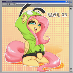 Size: 1500x1503 | Tagged: safe, artist:inkypuso, imported from derpibooru, fluttershy, pegasus, pony, antonymph, clothes, derp astley, dialogue, ear piercing, earring, fluttgirshy, gir, hoodie, jewelry, microsoft, microsoft windows, open mouth, open smile, piercing, rawr, rickroll, sitting, smiling, solo, webcore, x3