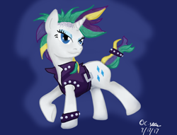 Size: 1024x781 | Tagged: safe, artist:adhiguna, artist:johnathon-matthews, imported from derpibooru, rarity, pony, unicorn, alternate hairstyle, bracelet, clothes, female, jewelry, mare, old art, punk, raripunk, signature, solo, vest