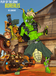 Size: 1866x2508 | Tagged: safe, artist:adhiguna, artist:johnathon-matthews, imported from derpibooru, oc, oc:borealis, anthro, breezie, unguligrade anthro, amputee, blizzard entertainment, deviantart watermark, grenade launcher, junkrat, obtrusive watermark, old art, overwatch, play of the game, prosthetic arm, prosthetic leg, prosthetic limb, prosthetics, watermark, weapon