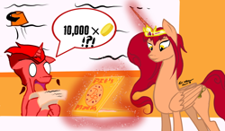 Size: 1026x600 | Tagged: safe, artist:adhiguna, artist:johnathon-matthews, imported from derpibooru, oc, oc:jasper pie, oc:khunis jirall, alicorn, genie, genie pony, unicorn, birthday gift, deviantart watermark, fez, hat, obtrusive watermark, old art, pizza box, pizzeria, watermark