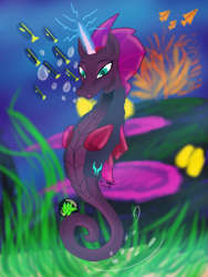 Size: 2121x2828 | Tagged: safe, artist:adhiguna, artist:johnathon-matthews, imported from derpibooru, tempest shadow, fish, hippocampus, merpony, sea pony, seahorse, unicorn, bubble, coral, fins, high res, horn, kelp, old art, prosthetic horn, prosthetics, seaponified, seapony tempest shadow, seaweed, shell, species swap, tempest gets her horn back, underwater