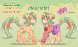 Size: 1804x1094 | Tagged: safe, artist:margony, imported from derpibooru, oc, oc only, oc:blazy mint, earth pony, pony, adoptable, chest fluff, clothes, ear fluff, leg warmers, skirt, smiling, solo