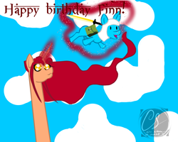 Size: 1000x800 | Tagged: safe, artist:adhiguna, artist:johnathon-matthews, imported from derpibooru, oc, oc:finn the pony, oc:khunis jirall, adventure time, birthday gift, deviantart watermark, obtrusive watermark, watermark