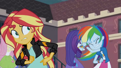 Size: 3410x1920 | Tagged: safe, imported from derpibooru, screencap, fluttershy, rainbow dash, rarity, sunset shimmer, equestria girls, friendship games, bracelet, canterlot high, clothes, cutie mark on clothes, eyes closed, female, high res, jacket, jewelry, leather, leather jacket