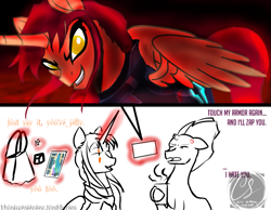 Size: 1015x787 | Tagged: safe, artist:adhiguna, artist:johnathon-matthews, imported from derpibooru, tempest shadow, oc, oc:khunis jirall, alicorn, pony, unicorn, alicorn oc, base used, broken horn, clothes, coffee, comic, convention haul, cosplay, costume, deviantart watermark, horn, obtrusive watermark, old art, tempest shadow armor, watermark, wings