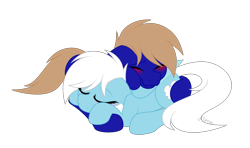 Size: 4262x2520 | Tagged: safe, artist:feather_bloom, imported from derpibooru, oc, oc:blue_skies, oc:feather_bloom, earth pony, pegasus, pony, blushing, butt touch, couple, cuddling, cute, duo, earth pony oc, happy, holding each other, hoof on butt, in love, oc x oc, pegasus oc, shipping, simple background, sleeping, transparent background