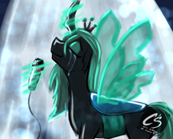 Size: 1000x800 | Tagged: safe, artist:adhiguna, artist:johnathon-matthews, imported from derpibooru, queen chrysalis, changeling, changeling queen, crying, female, microphone, obtrusive watermark, old art, solo, spotlight