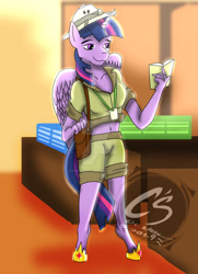 Size: 1024x1416 | Tagged: safe, artist:adhiguna, artist:johnathon-matthews, imported from derpibooru, daring do, twilight sparkle, alicorn, anthro, book, clothes, convention, costume, daring do costume, deviantart watermark, obtrusive watermark, old art, solo, twilight sparkle (alicorn), watermark