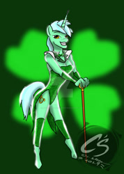 Size: 1024x1442 | Tagged: safe, artist:adhiguna, artist:johnathon-matthews, imported from derpibooru, lyra heartstrings, anthro, unicorn, cane, clothes, deviantart watermark, holiday, leotard, obtrusive watermark, old art, saint patrick's day, solo, watermark