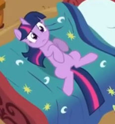 Size: 251x270 | Tagged: safe, imported from derpibooru, screencap, twilight sparkle, pony, unicorn, lesson zero, bed, cropped, golden oaks library, lying down, on back, on bed, solo, unicorn twilight