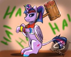 Size: 900x720 | Tagged: safe, artist:adhiguna, artist:johnathon-matthews, imported from derpibooru, twilight sparkle, alicorn, bobbed tail, clothes, cosplay, costume, dc comics, deviantart watermark, harley quinn, hoof polish, mallet, obtrusive watermark, old art, pigtails, tara strong, twiley quinn, twilight sparkle (alicorn), voice actor joke, watermark