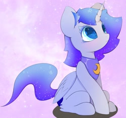 Size: 3200x3000 | Tagged: safe, artist:zokkili, imported from derpibooru, princess luna, alicorn, pony, cute, ethereal mane, female, filly, foal, horn, lunabetes, sitting, solo, starry eyes, stars, wingding eyes, wings, woona, younger