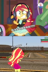 Size: 1526x2289 | Tagged: safe, edit, edited screencap, imported from derpibooru, screencap, sunset shimmer, equestria girls, equestria girls series, game stream, spoiler:eqg series (season 2), angry, chgb record, gamer sunset, grand theft auto, gta san andreas, indonesia, insanity, sunset shimmer frustrated at game, sunset shimmer is best facemaker, video game