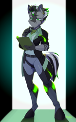 Size: 2023x3241 | Tagged: source needed, safe, artist:hakkids2, imported from derpibooru, oc, oc:helix, anthro, zebra, clothes, lab coat, solo