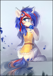 Size: 1944x2779 | Tagged: source needed, safe, artist:ramiras, imported from derpibooru, oc, oc only, oc:relache, pony, unicorn, ear fluff, flower, flower in mouth, mouth hold, solo