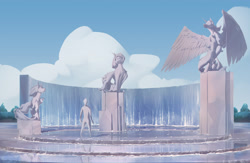 Size: 3838x2500 | Tagged: source needed, safe, alternate version, artist:littlepolly, imported from derpibooru, alicorn, earth pony, human, pony, unicorn, cloud, day, fountain, high res, looking down, spread wings, statue, water, wings