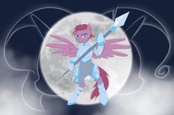 Size: 3334x2200 | Tagged: safe, artist:celysus, imported from derpibooru, oc, oc:emberglow, pegasus, pony, fanfic:rekindled embers, armor, cloud, fanfic art, flying, moon, signature, spear, stars, weapon