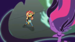 Size: 3410x1920 | Tagged: safe, imported from derpibooru, screencap, sci-twi, sunset shimmer, twilight sparkle, equestria girls, friendship games, bare shoulders, boots, clothes, duo, duo female, female, high heel boots, high res, jacket, leather, leather jacket, midnight sparkle, shoes, sleeveless, spread wings, strapless, wings