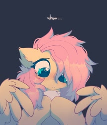 Size: 1800x2100 | Tagged: safe, artist:mirtash, imported from derpibooru, part of a set, fluttershy, pegasus, pony, blushing, chest fluff, ear fluff, eyebrows, hoof hold, looking down, messy mane, note, one eye covered, part of a series, solo, spread wings, talking, talking to viewer, text, um, wings