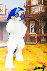 Size: 1330x2000 | Tagged: safe, artist:luna_b_, imported from derpibooru, dj pon-3, vinyl scratch, human, 2015, clothes, convention, convention:jmof, cosplay, costume, fursuit, irl, irl human, japan, name tag, no mouth, photo, pointing at you, ponysuit, solo, sunglasses, vinyl's glasses, wild west
