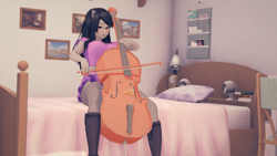 Size: 3840x2160 | Tagged: safe, artist:jalias3d, imported from derpibooru, octavia melody, human, 3d, bed, bedroom, boots, bow (instrument), breasts, busty octavia melody, cello, cello bow, clothes, dress, eared humanization, humanized, koikatsu, musical instrument, pantyhose, shoes