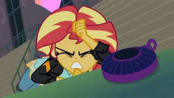 Size: 3410x1920 | Tagged: safe, imported from derpibooru, screencap, sunset shimmer, equestria girls, friendship games, canterlot high, clothes, eyes closed, female, high res, jacket, leather, leather jacket, magic capture device, solo