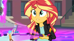 Size: 3410x1920 | Tagged: safe, imported from derpibooru, screencap, rainbow dash, sunset shimmer, equestria girls, friendship games, boots, canterlot high, clothes, cutie mark on clothes, dimensional cracks, eyes closed, female, high res, jacket, leather, leather jacket, magic capture device, male, open mouth, shoes