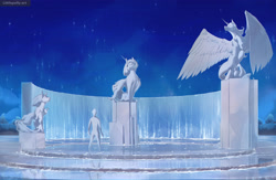 Size: 3838x2500 | Tagged: safe, alternate version, artist:littlepolly, imported from derpibooru, alicorn, earth pony, human, pony, unicorn, fountain, high res, looking down, night, spread wings, statue, water, wings