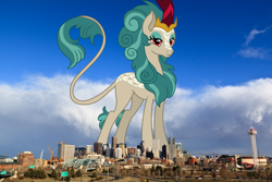 Size: 2100x1400 | Tagged: safe, artist:dragonchaser123, artist:thegiantponyfan, imported from derpibooru, rain shine, kirin, colorado, denver, female, giant kirin, giant rain shine, giantess, highrise ponies, irl, leonine tail, macro, mega giant, photo, ponies in real life, standing, story included, tail