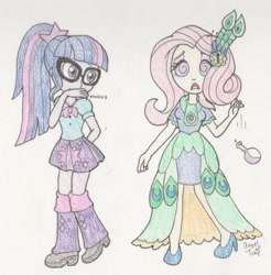 Size: 878x893 | Tagged: safe, artist:bageloftime, imported from derpibooru, fluttershy, sci-twi, twilight sparkle, undead, zombie, equestria girls, clothes, dress, duo, female, gala dress, gown, mind control, potion, prank, swirly eyes, traditional art