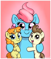 Size: 1146x1340 | Tagged: safe, artist:heretichesh, imported from derpibooru, cup cake, pound cake, pumpkin cake, earth pony, pegasus, pony, unicorn, brother and sister, cake twins, colt, cute, female, filly, foal, gradient background, group hug, hug, looking at you, male, mare, mother and child, mother and daughter, mother and son, older, older pound cake, older pumpkin cake, open mouth, open smile, siblings, smiling, smiling at you, trio, twins