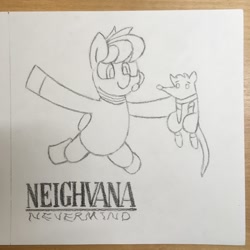 Size: 1048x1048 | Tagged: safe, artist:huodx, imported from derpibooru, oc, oc:apogee, oc:houston, pegasus, pony, rat, album parody, female, nevermind, nirvana, pencil, pencil drawing, traditional art