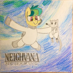 Size: 536x536 | Tagged: safe, artist:huodx, imported from derpibooru, oc, oc:apogee, oc:houston, pegasus, pony, rat, album parody, colored pencil drawing, female, nevermind, nirvana, pencil drawing, traditional art